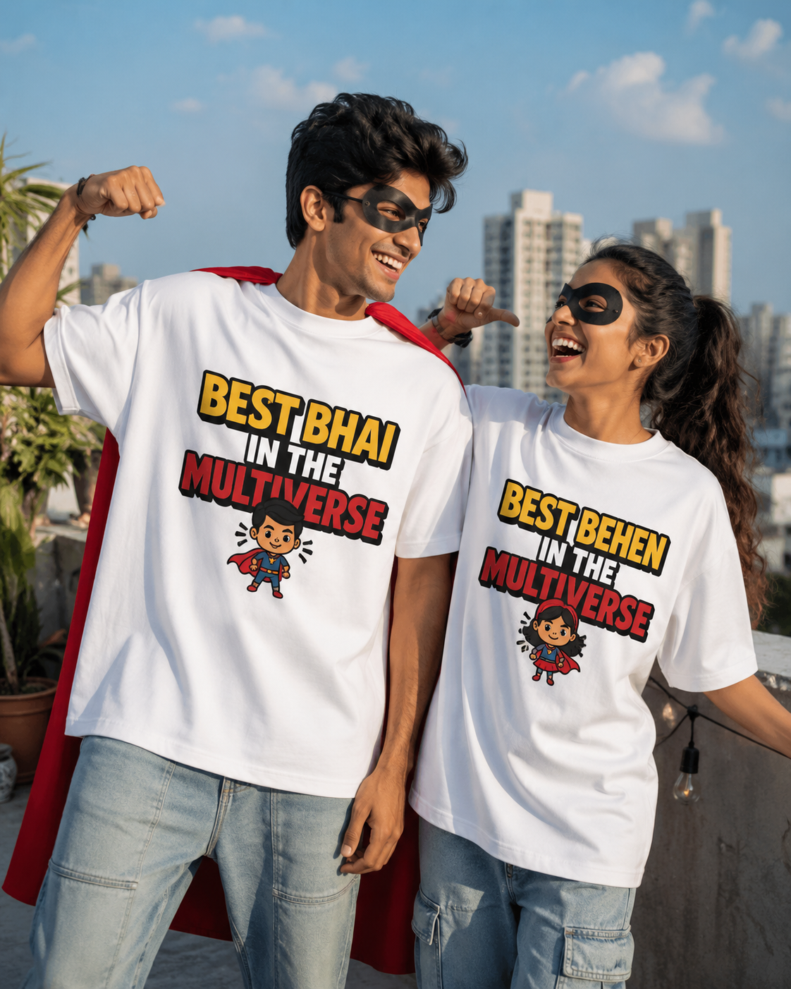 Best Bhai / Behen in the Multiverse Personalised Unisex T-Shirt - Oversized - White - product gallery