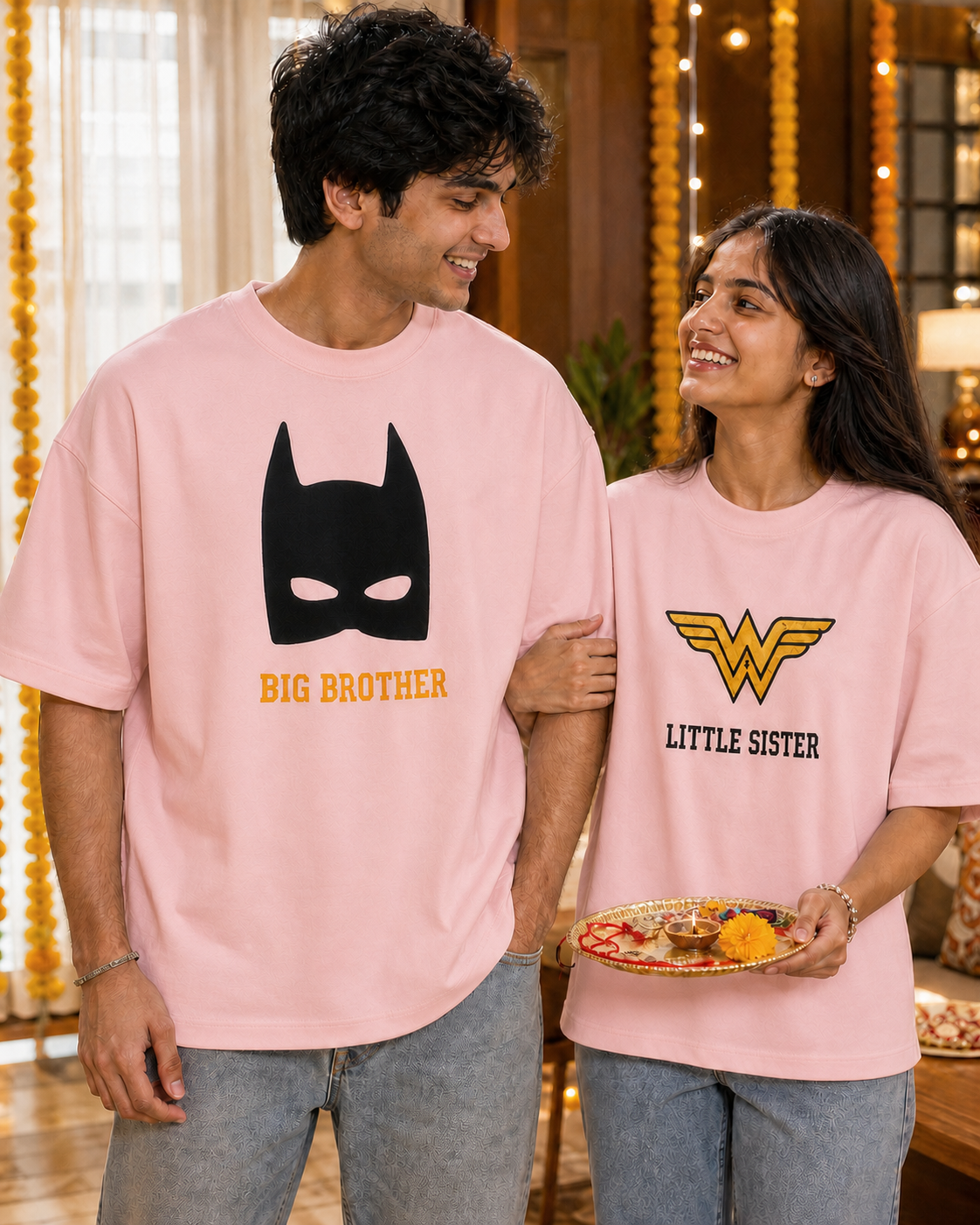 Batman / Wonder Woman Super Sibling Personalised Unisex T-Shirt - Oversized - Baby Pink - featured view