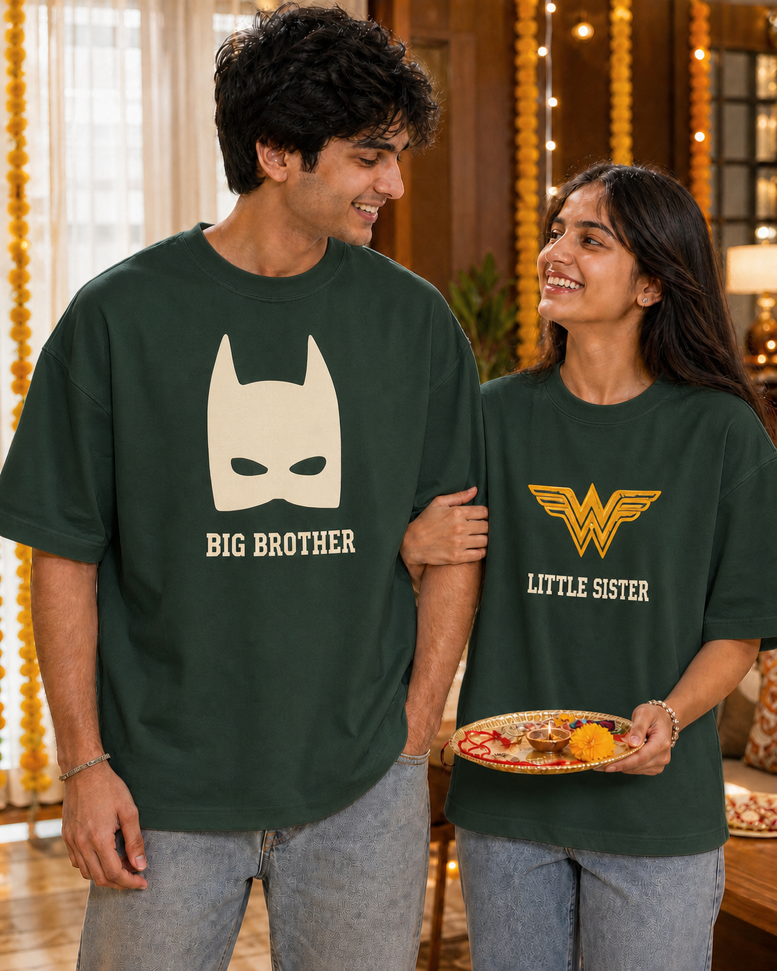 Batman / Wonder Woman Super Sibling Personalised Unisex T-Shirt - Oversized - Bottle Green - product gallery