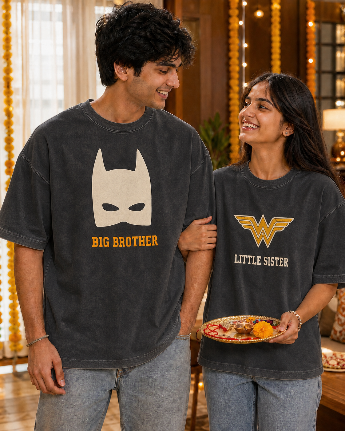 Batman / Wonder Woman Super Sibling Personalised Unisex T-Shirt - Oversized - Charcoal Acid Washed - product gallery