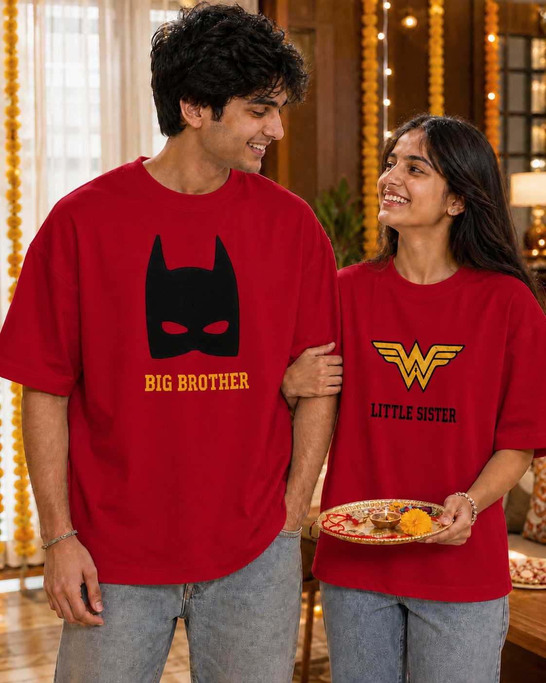 Batman / Wonder Woman Super Sibling Personalised Unisex T-Shirt - Oversized - Red - product gallery