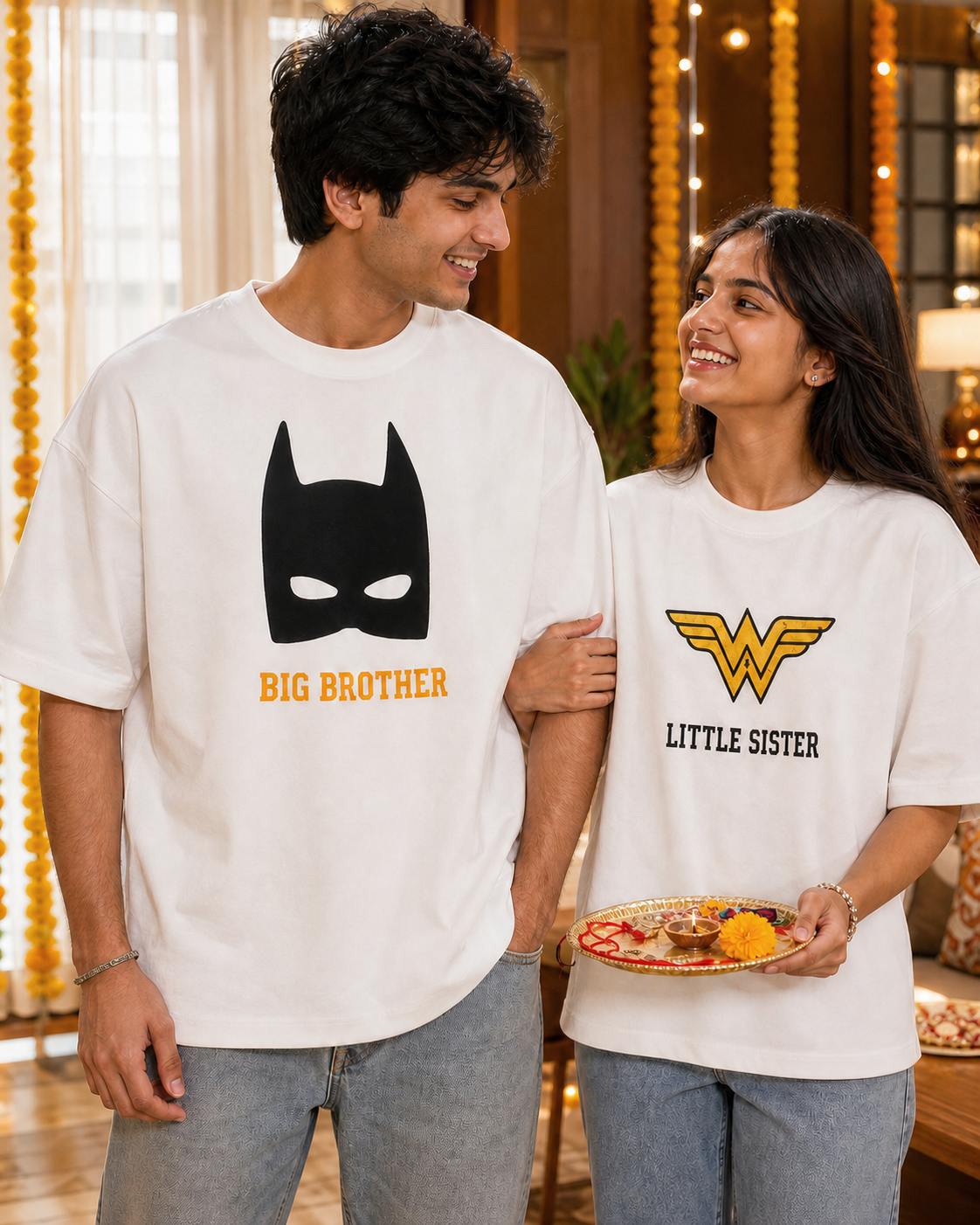 Batman / Wonder Woman Super Sibling Personalised Unisex T-Shirt - Oversized - product gallery
