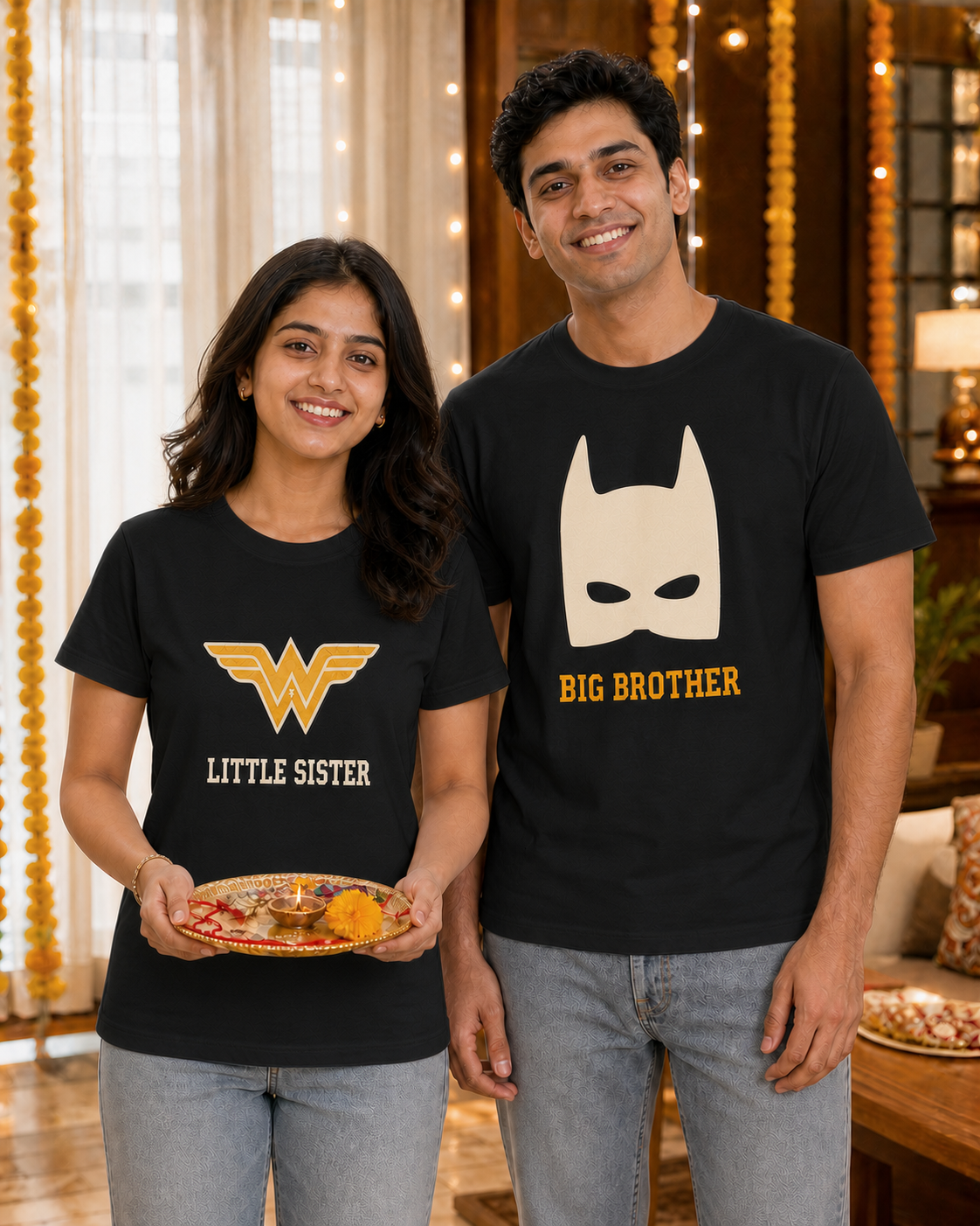 Batman / Wonder Woman Super Sibling Personalised Unisex T-Shirt - Regular Fit - Black - product gallery