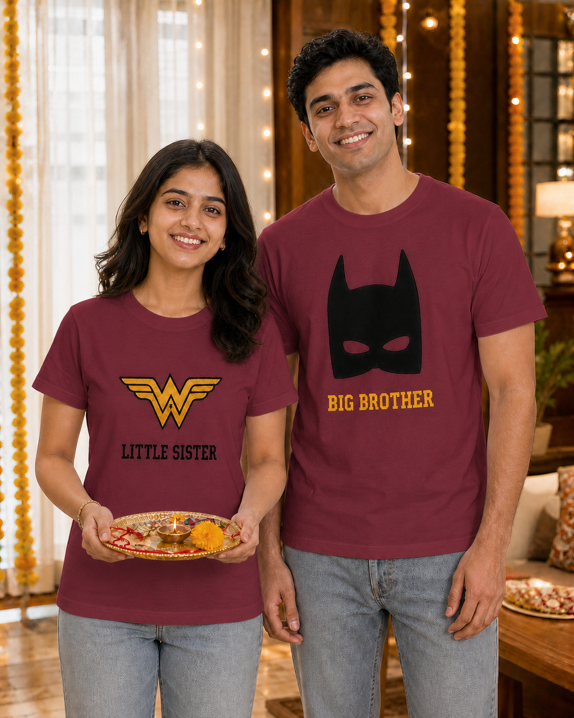 Batman / Wonder Woman Super Sibling Personalised Unisex T-Shirt - Regular Fit - Maroon - product gallery