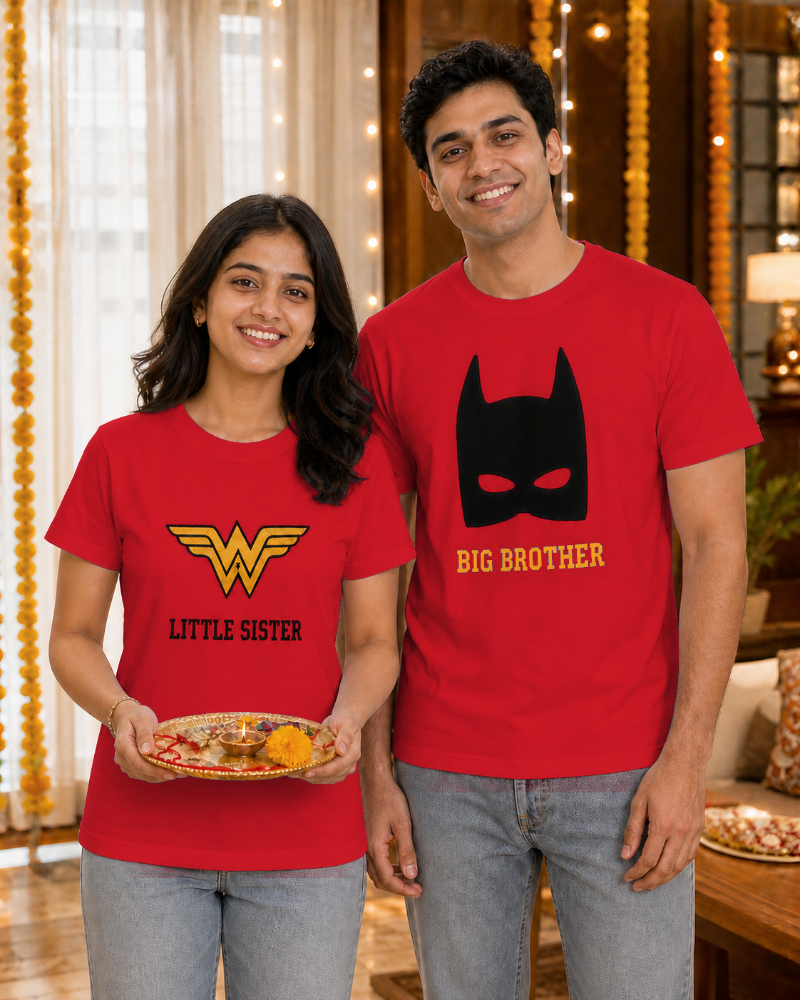 Batman / Wonder Woman Super Sibling Personalised Unisex T-Shirt - Regular Fit - Red - product gallery