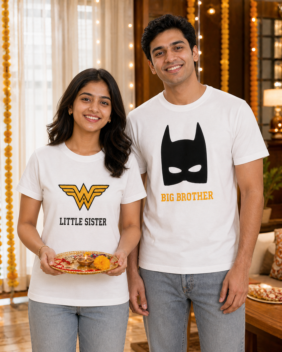Batman / Wonder Woman Super Sibling Personalised Unisex T-Shirt - Regular Fit - White - product gallery