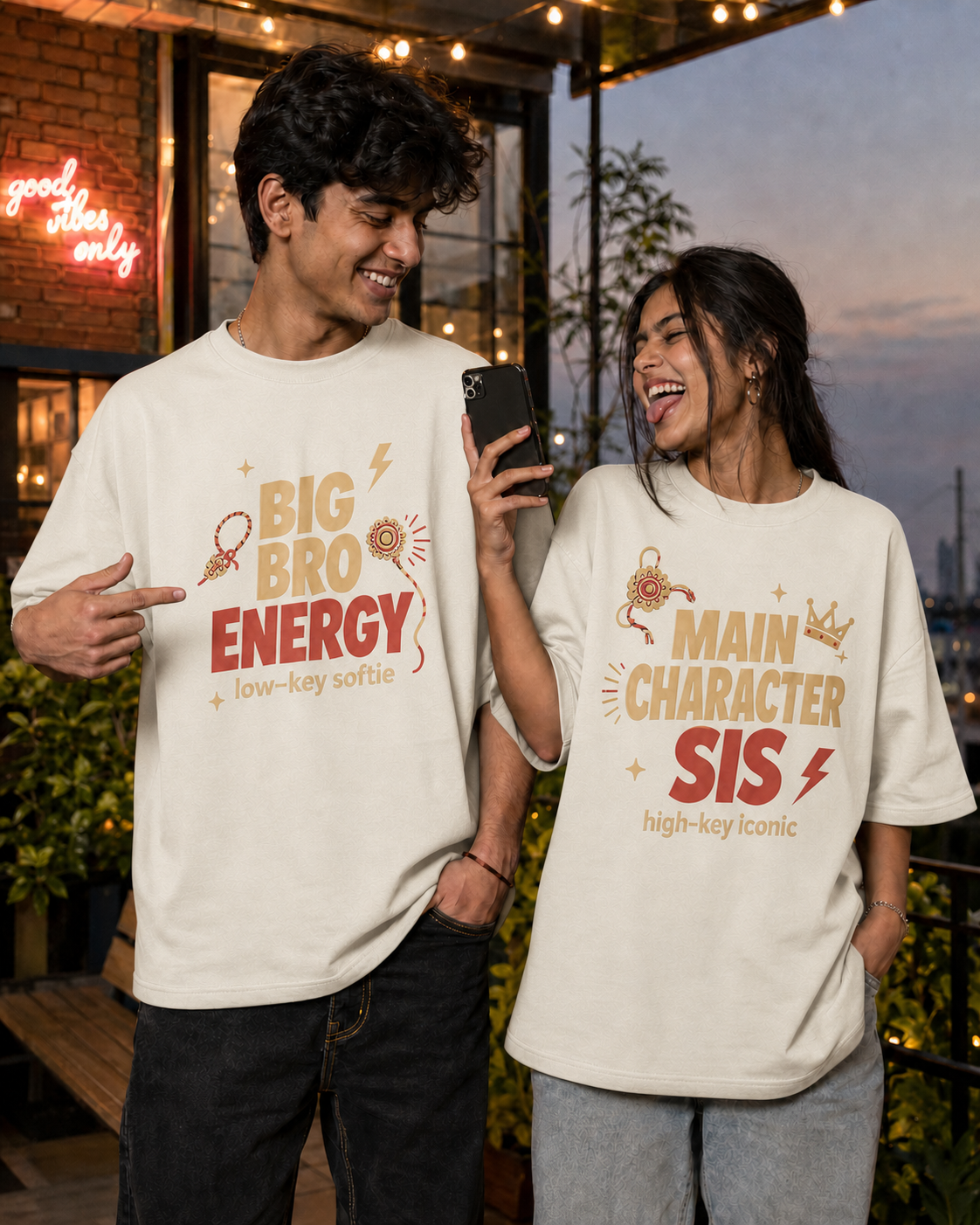 Bro Energy / Main Character Sis Personalised Unisex T-Shirt - Oversized - Off White & White & Black - featured view