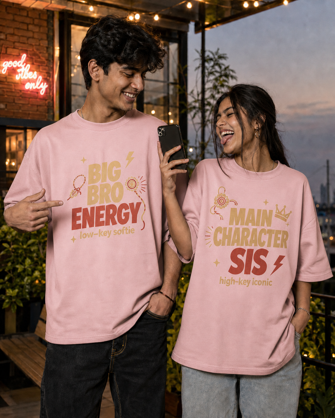 Bro Energy / Main Character Sis Personalised Unisex T-Shirt - Oversized - Baby Pink & Black - product gallery