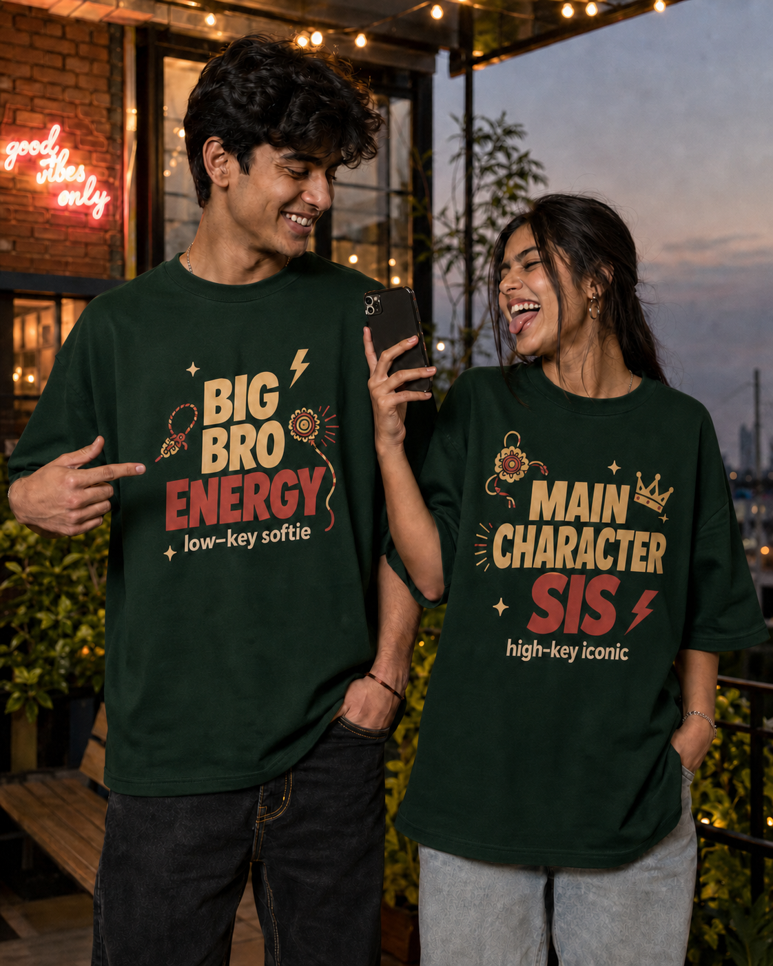 Bro Energy / Main Character Sis Personalised Unisex T-Shirt - Oversized - Bottle Green & Black - product gallery
