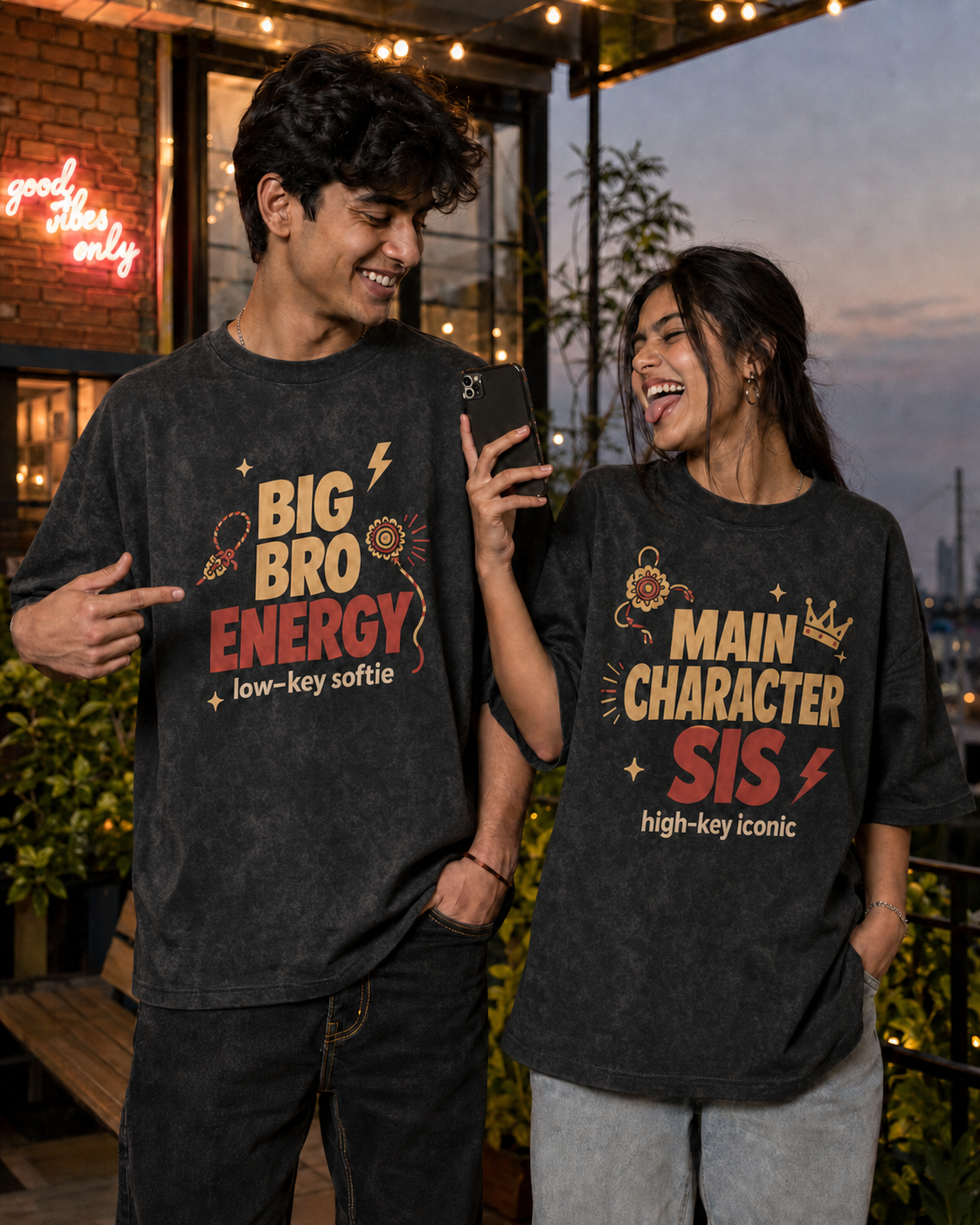 Bro Energy / Main Character Sis Personalised Unisex T-Shirt - Oversized - Charcoal Acid Washed & Black - product gallery
