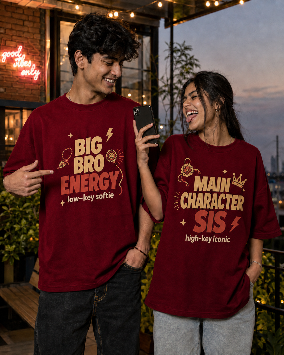 Bro Energy / Main Character Sis Personalised Unisex T-Shirt - Oversized - Red & Black - product gallery