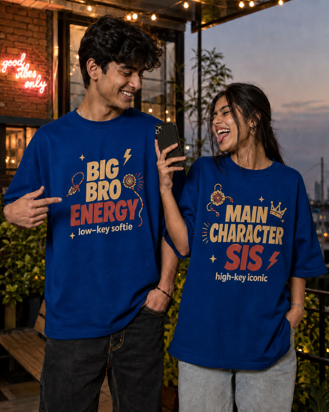 Bro Energy / Main Character Sis Personalised Unisex T-Shirt - Oversized - Royal Blue & Black & Blue - product gallery
