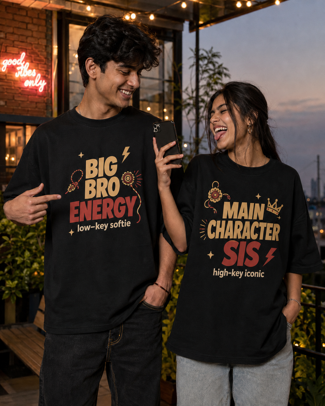 Bro Energy / Main Character Sis Personalised Unisex T-Shirt - Oversized - Black - product gallery