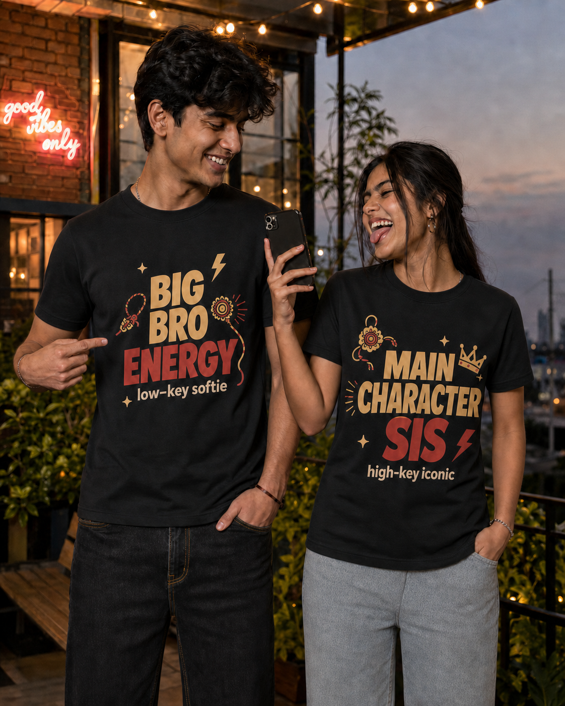 Bro Energy / Main Character Sis Personalised Unisex T-Shirt - Regular Fit - Black - product gallery