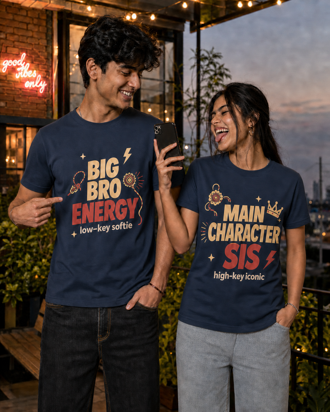 Bro Energy / Main Character Sis Personalised Unisex T-Shirt - Regular Fit - Navy Blue & Blue - product gallery
