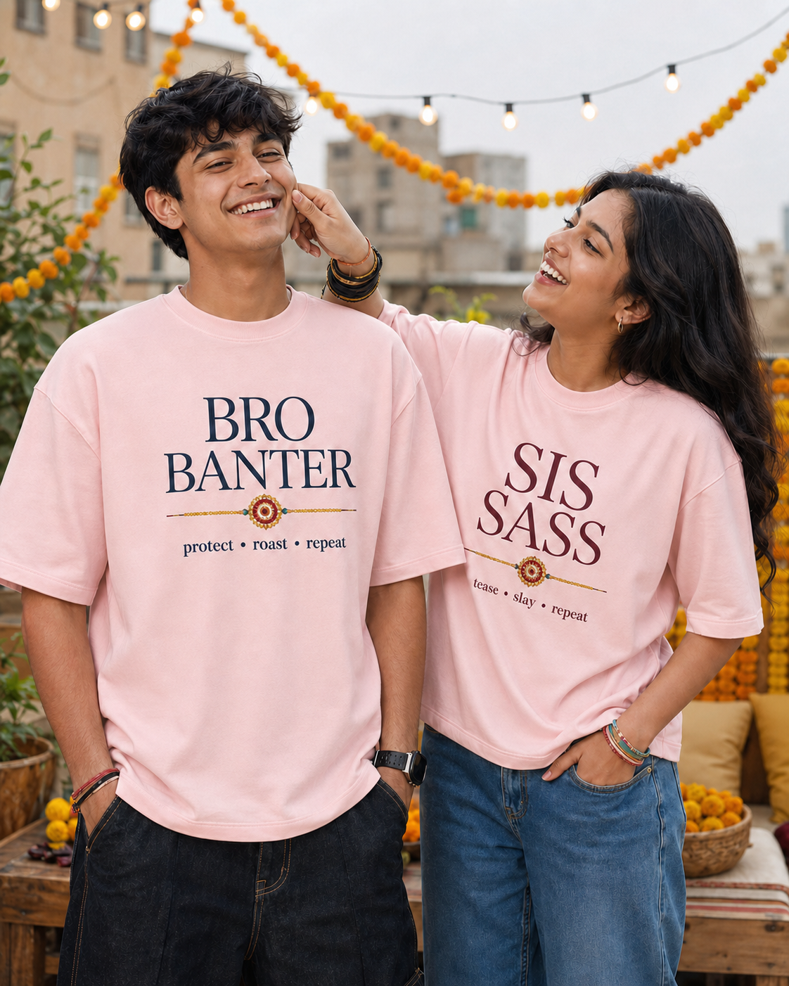 Bro Banter / Sis Sass Personalised Unisex T-Shirt - Oversized - Baby Pink - product gallery