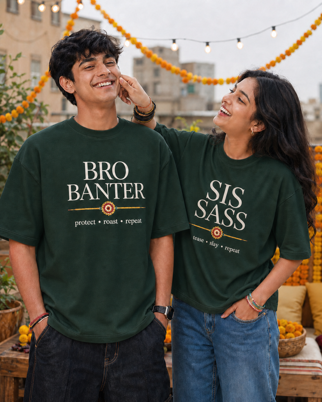 Bro Banter / Sis Sass Personalised Unisex T-Shirt - Oversized - Bottle Green - product gallery