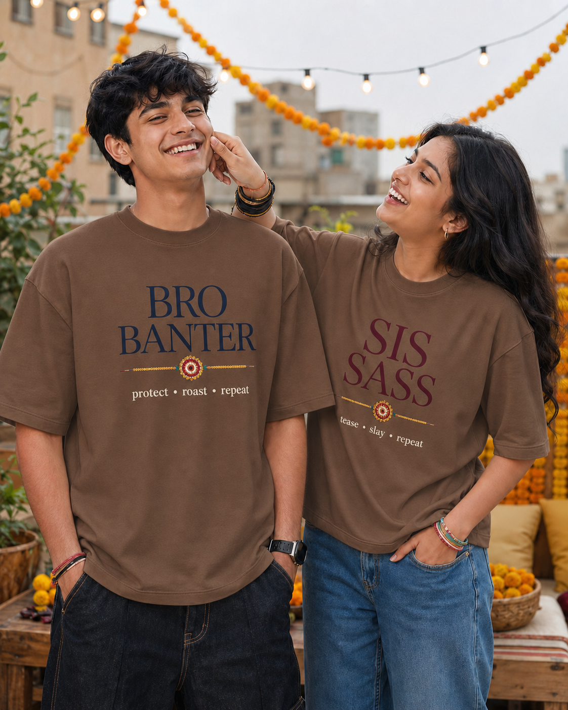 Bro Banter / Sis Sass Personalised Unisex T-Shirt - Oversized - Coffee Brown - product gallery