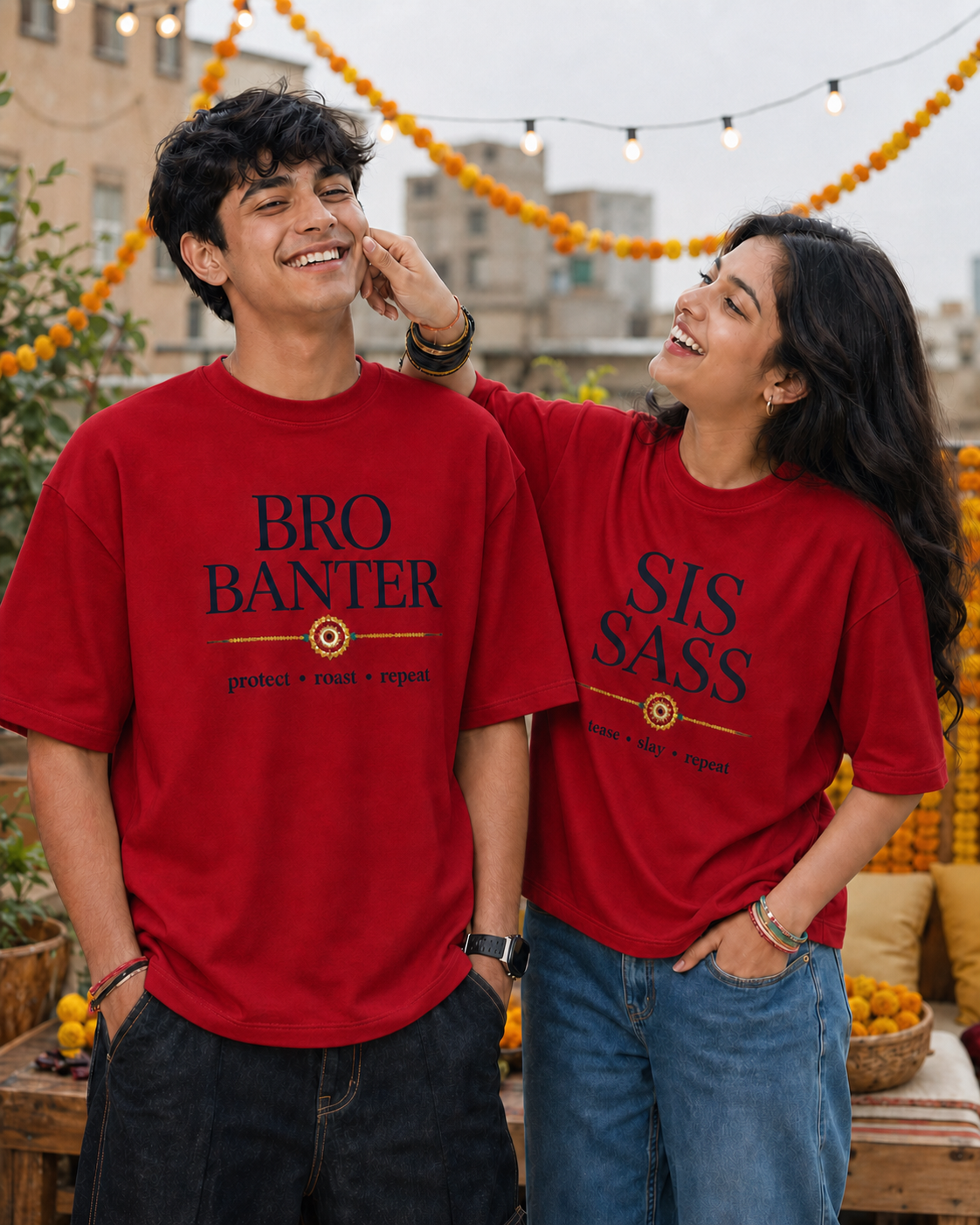 Bro Banter / Sis Sass Personalised Unisex T-Shirt - Oversized - Red - product gallery