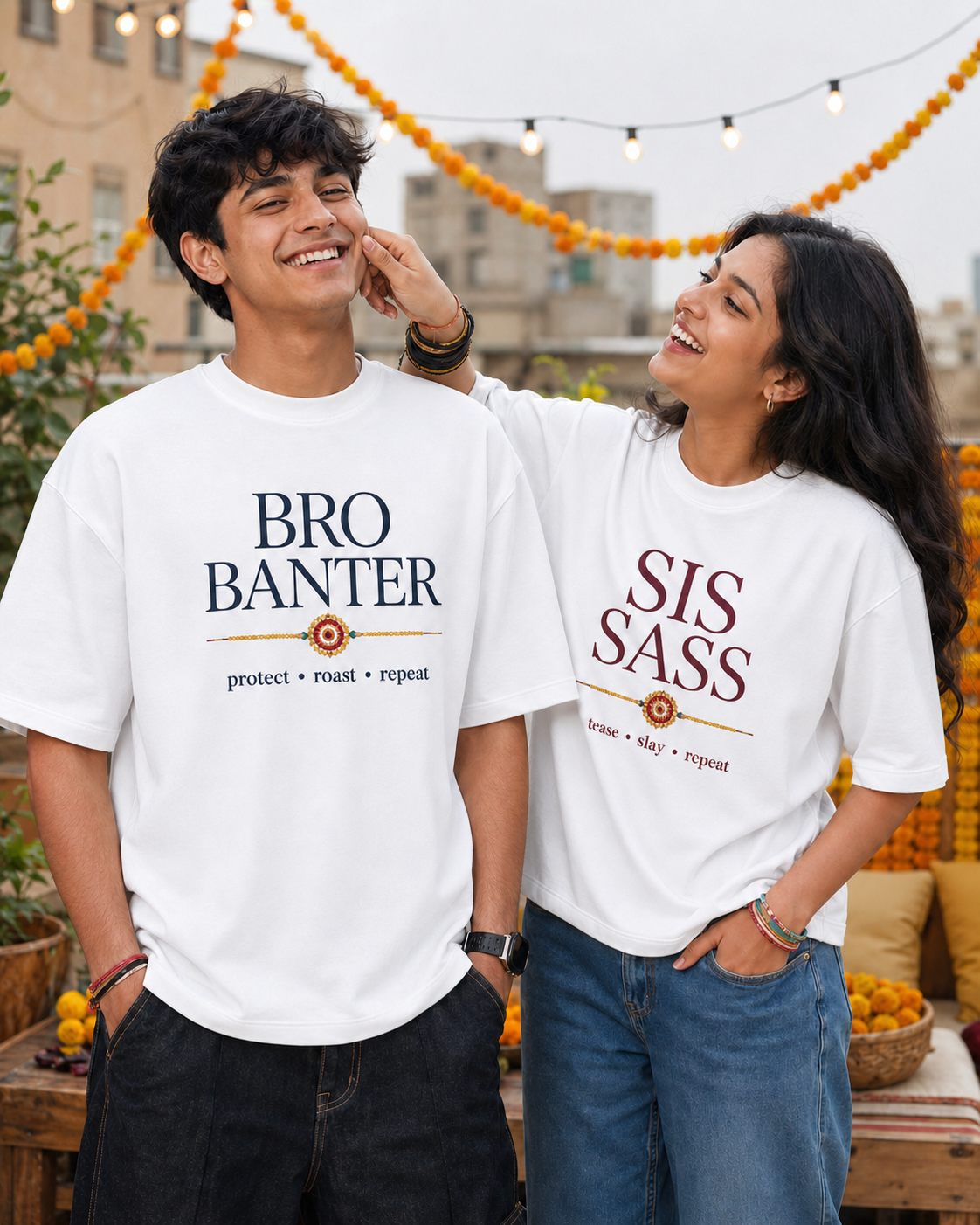 Bro Banter / Sis Sass Personalised Unisex T-Shirt - Oversized - White - product gallery