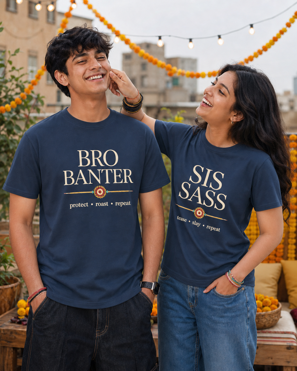 Bro Banter / Sis Sass Personalised Unisex T-Shirt - Regular Fit - Navy Blue & Blue - product gallery