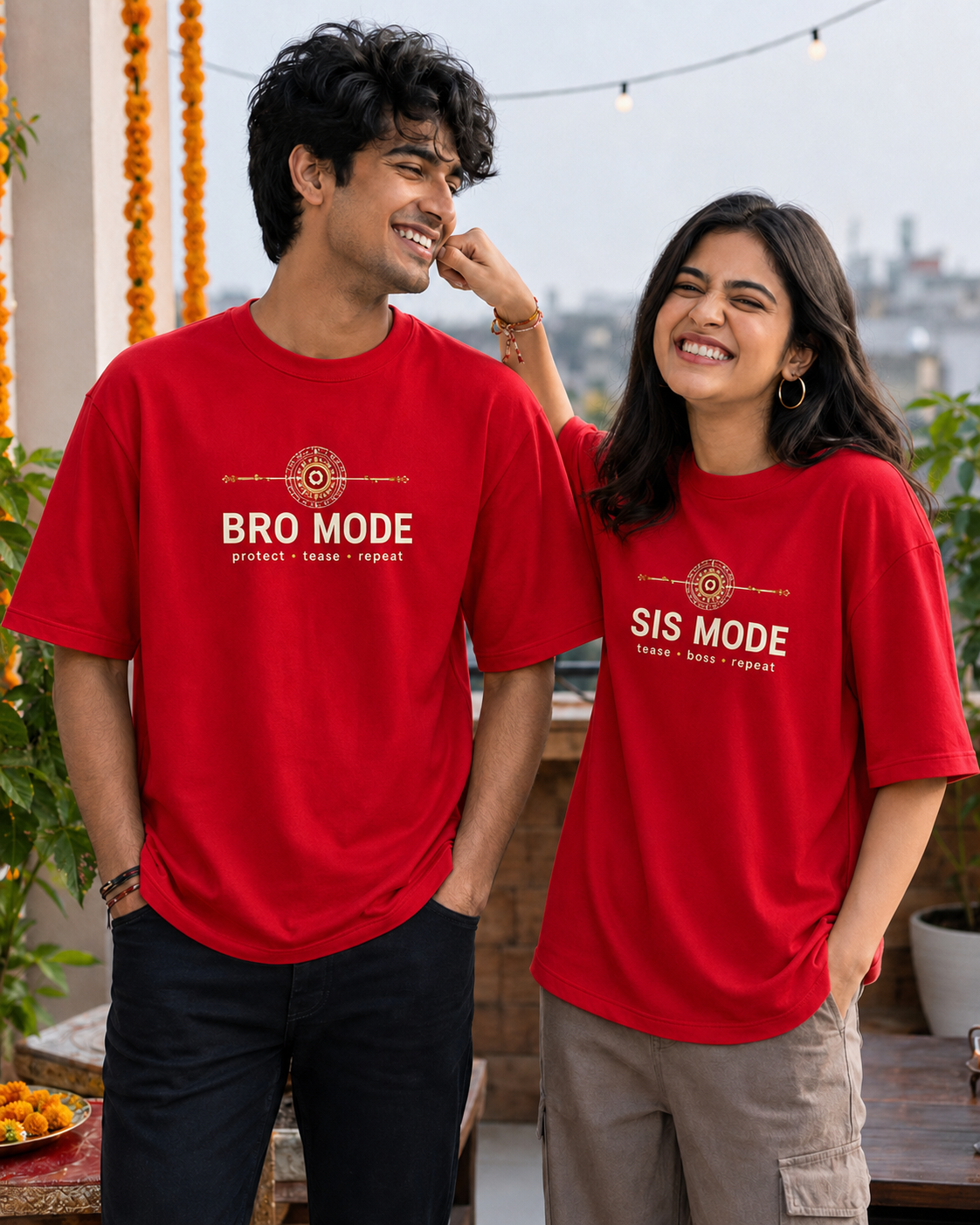 Bro Mode / Sis Mode Personalised Unisex T-Shirt - Oversized - Red - product gallery