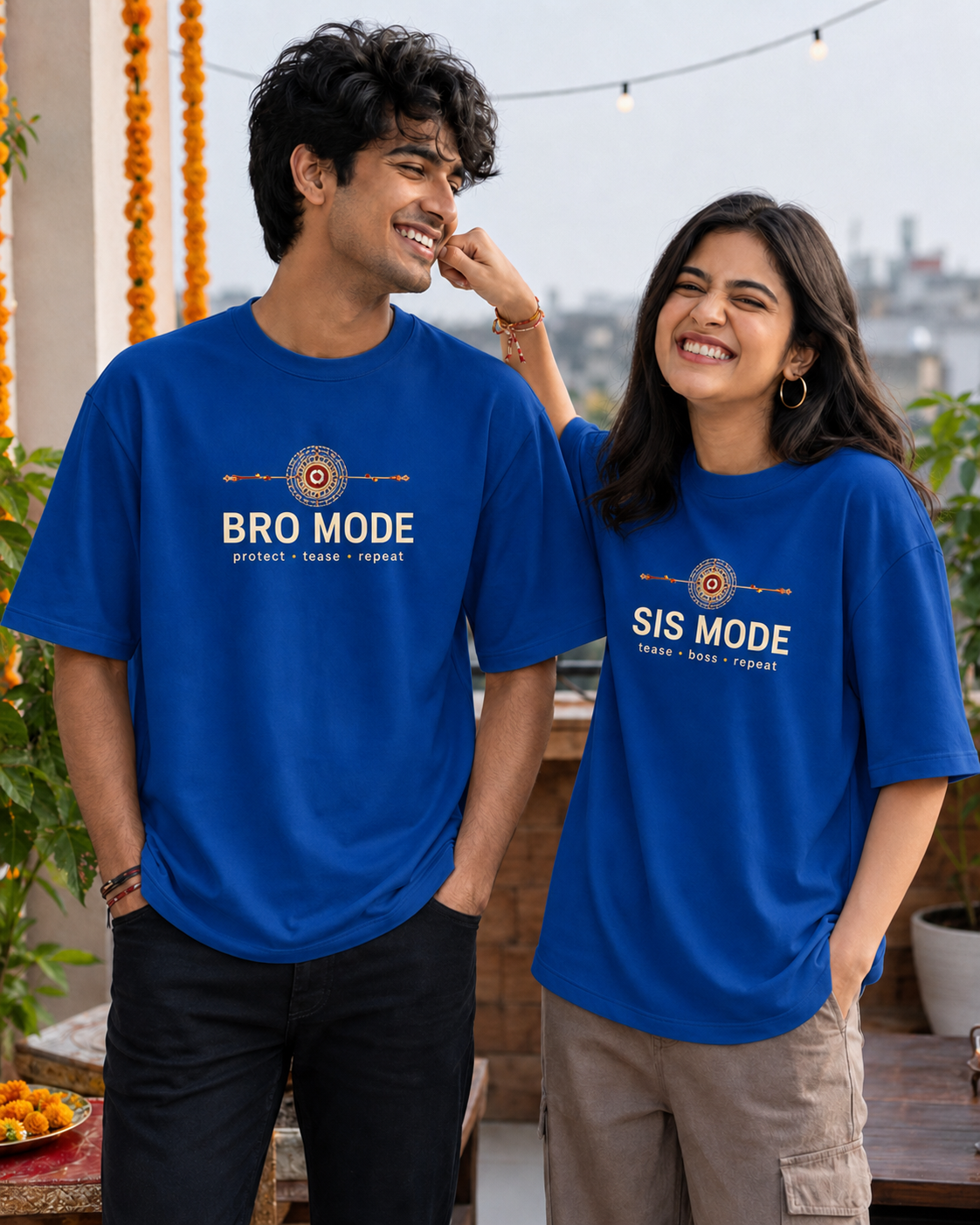 Bro Mode / Sis Mode Personalised Unisex T-Shirt - Oversized - Royal Blue & Blue - product gallery