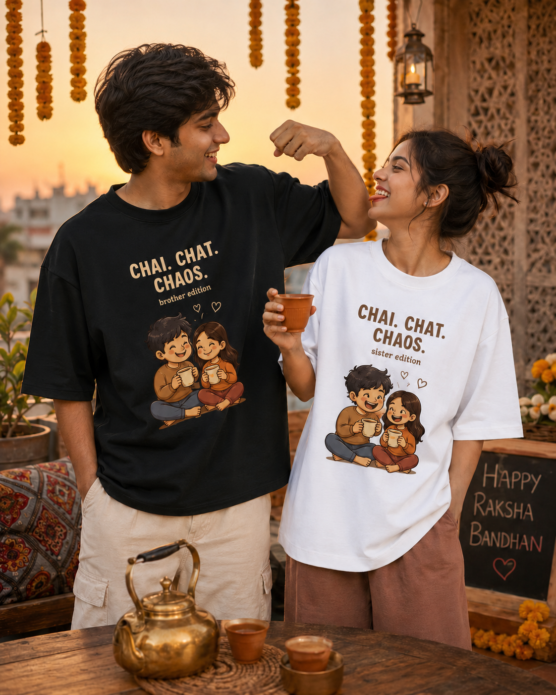 Chai. Chat. Chaos. Personalised Unisex T-Shirt - Oversized - White & Black - sibling pair