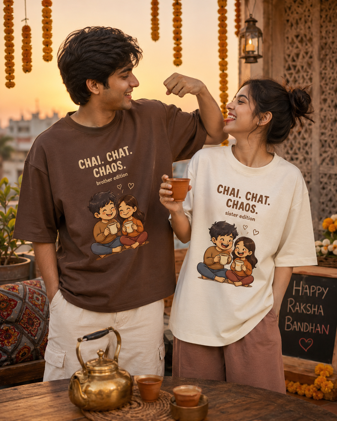 Chai. Chat. Chaos. Personalised Unisex T-Shirt - Oversized - Off White & White - sibling pair