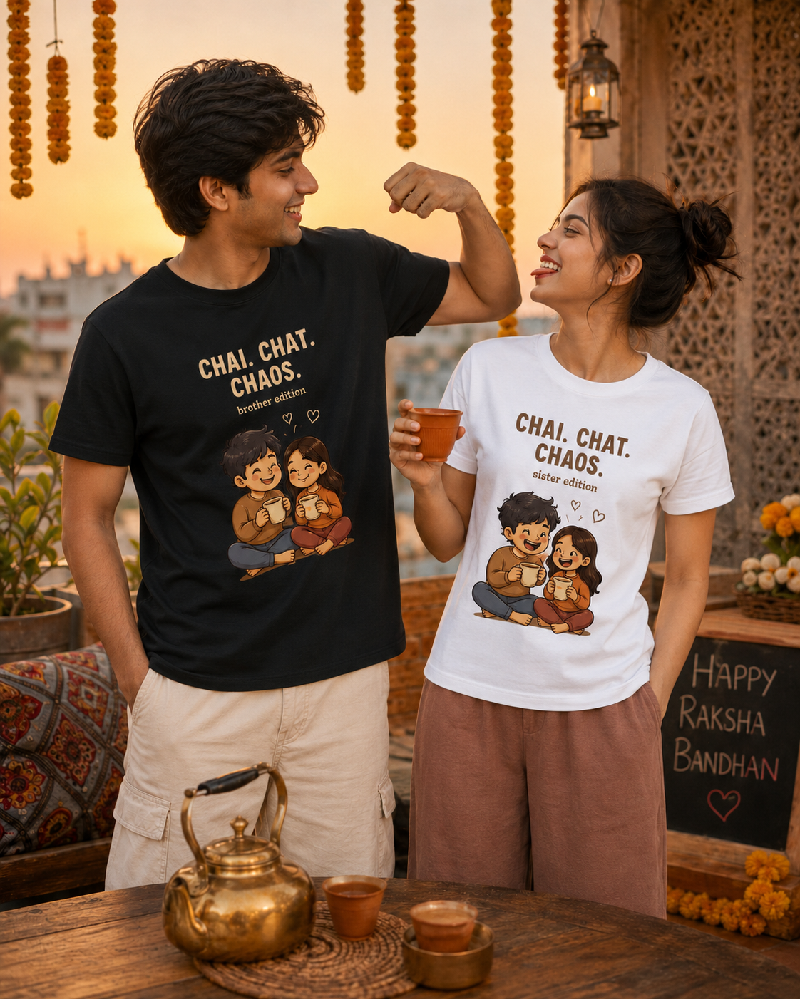 Chai. Chat. Chaos. Personalised Unisex T-Shirt - Regular Fit - White & Black - sibling pair