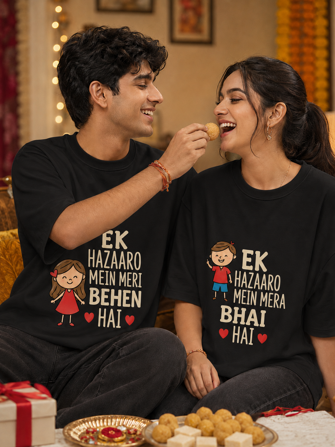Ek Hazaaron Mein Mera Bhai / Meri Behen Hai Personalised Unisex T-Shirt - Oversized - product gallery