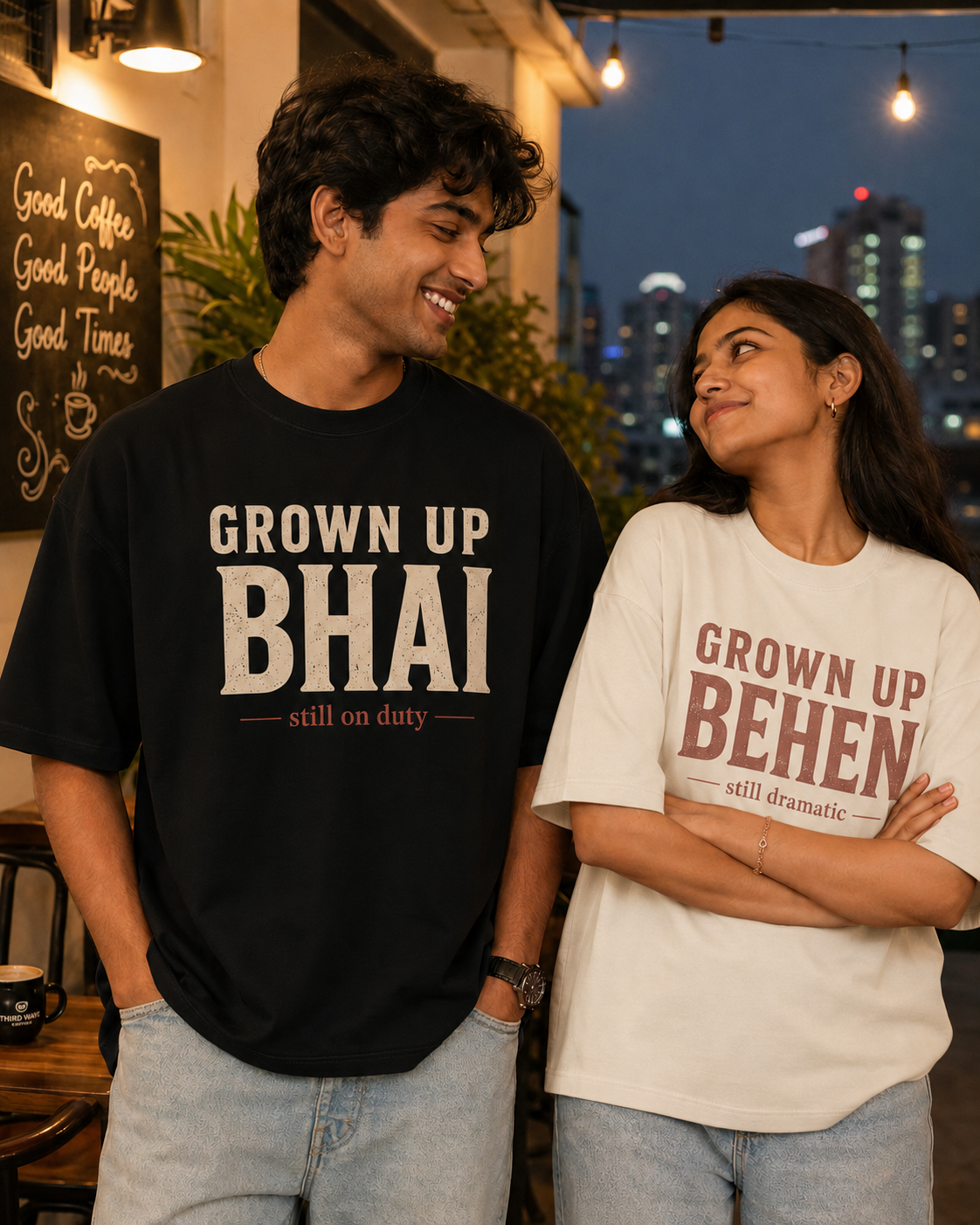 Grown Up Bhai / Grown Up Behen Personalised Unisex T-Shirt - Oversized - Off White & White & Black - sibling pair