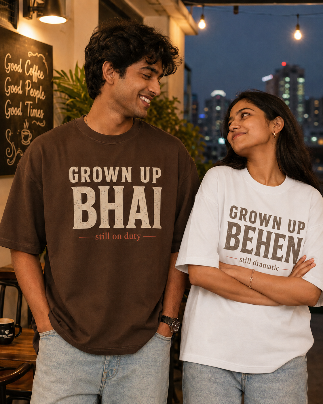 Grown Up Bhai / Grown Up Behen Personalised Unisex T-Shirt - Oversized - Coffee Brown & White - sibling pair