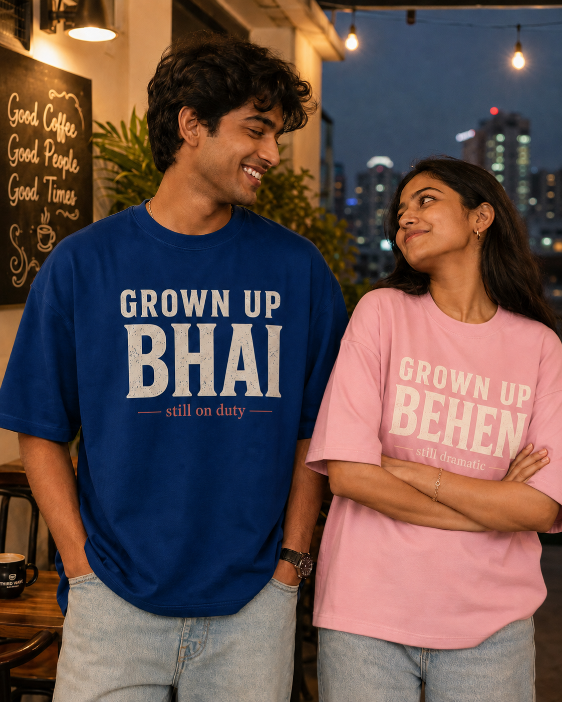 Grown Up Bhai / Grown Up Behen Personalised Unisex T-Shirt - Oversized - Baby Pink & Royal Blue & Blue - sibling pair
