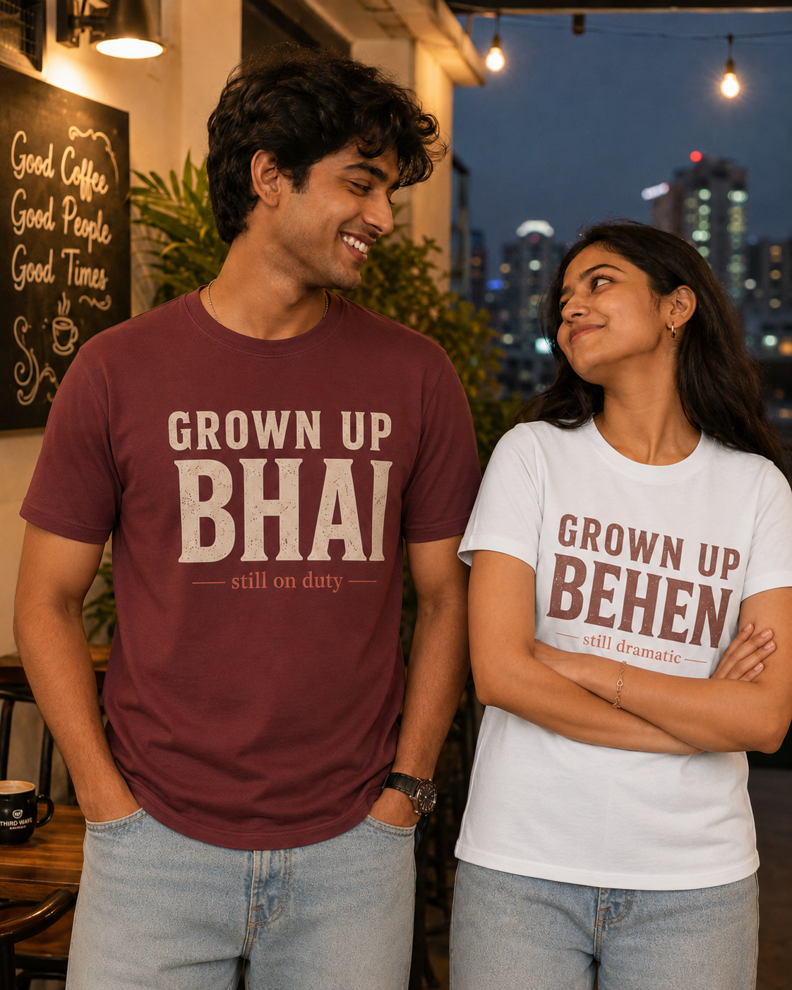 Grown Up Bhai / Grown Up Behen Personalised Unisex T-Shirt - Regular Fit - Maroon & White - sibling pair