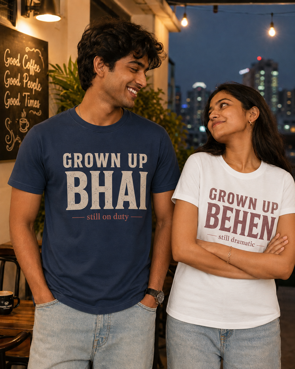 Grown Up Bhai / Grown Up Behen Personalised Unisex T-Shirt - Regular Fit - Navy Blue & White & Blue - sibling pair