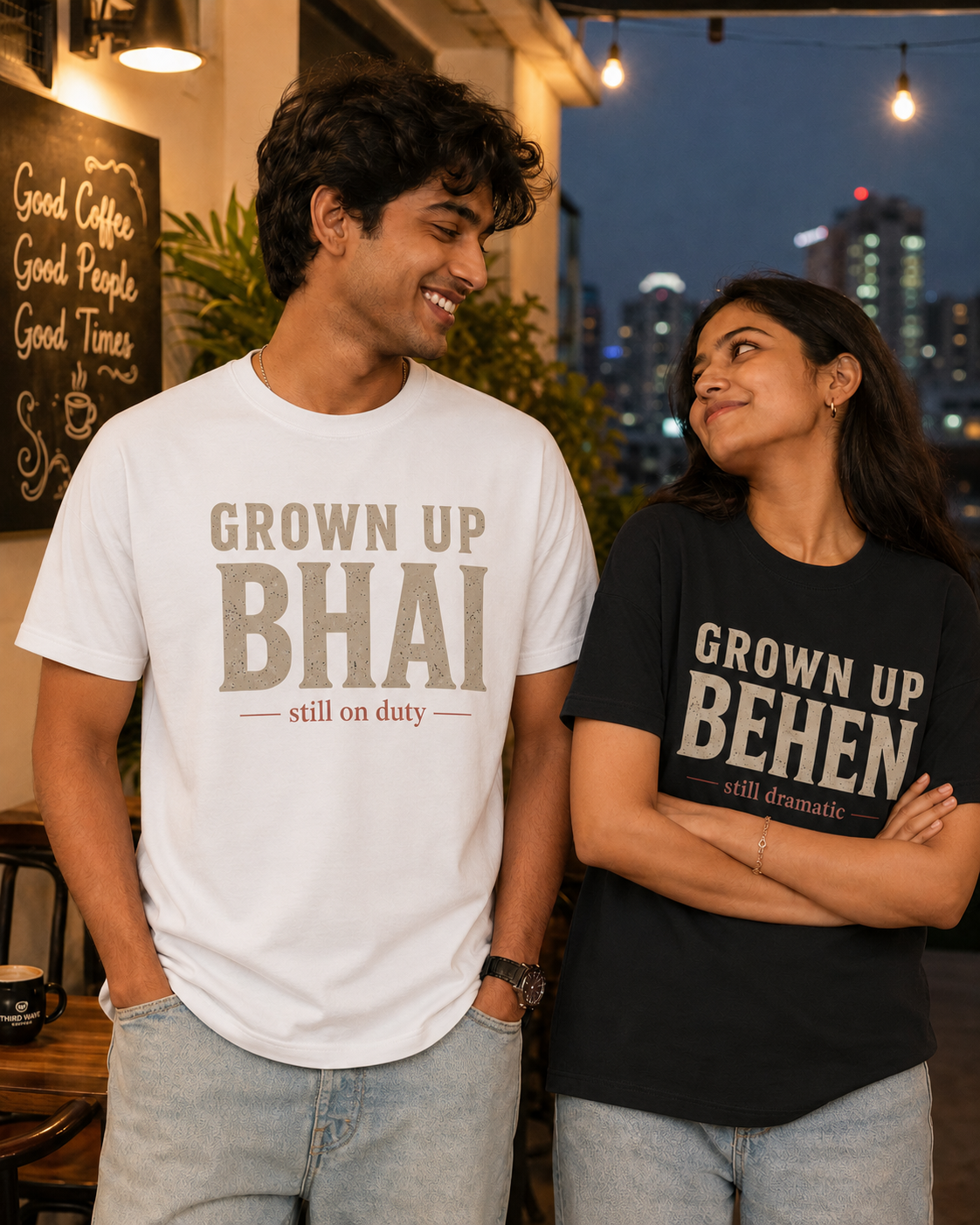 Grown Up Bhai / Grown Up Behen Personalised Unisex T-Shirt - Regular Fit - White & Black - sibling pair