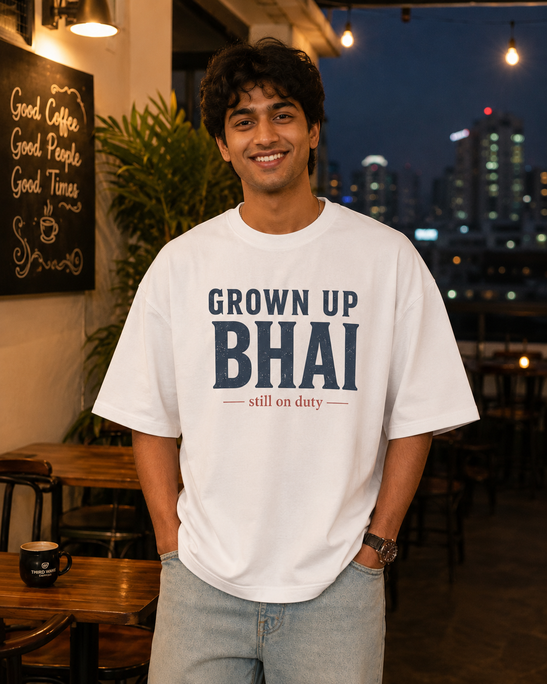 Grown Up Bhai / Grown Up Behen Personalised Unisex T-Shirt - Oversized - White - product gallery