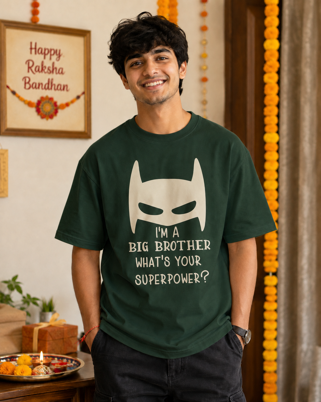 Brother Superpower Personalised T-Shirt - Oversized - Bottle Green - product gallery