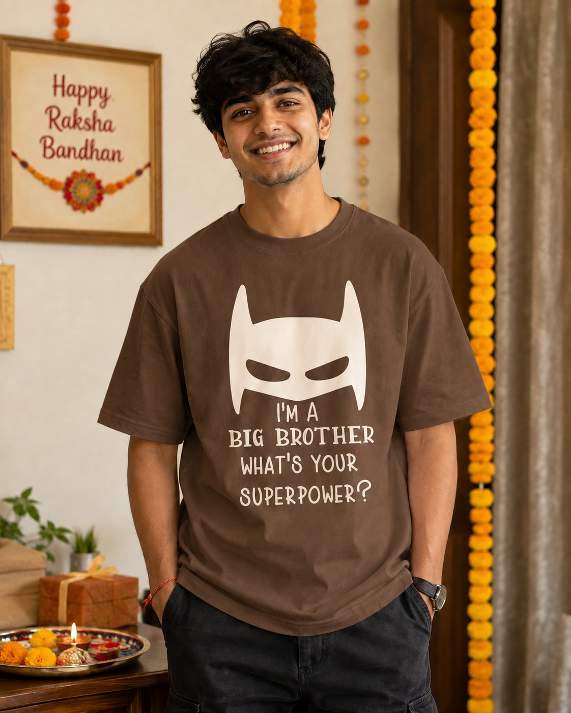 Brother Superpower Personalised T-Shirt - Oversized - Coffee Brown - product gallery