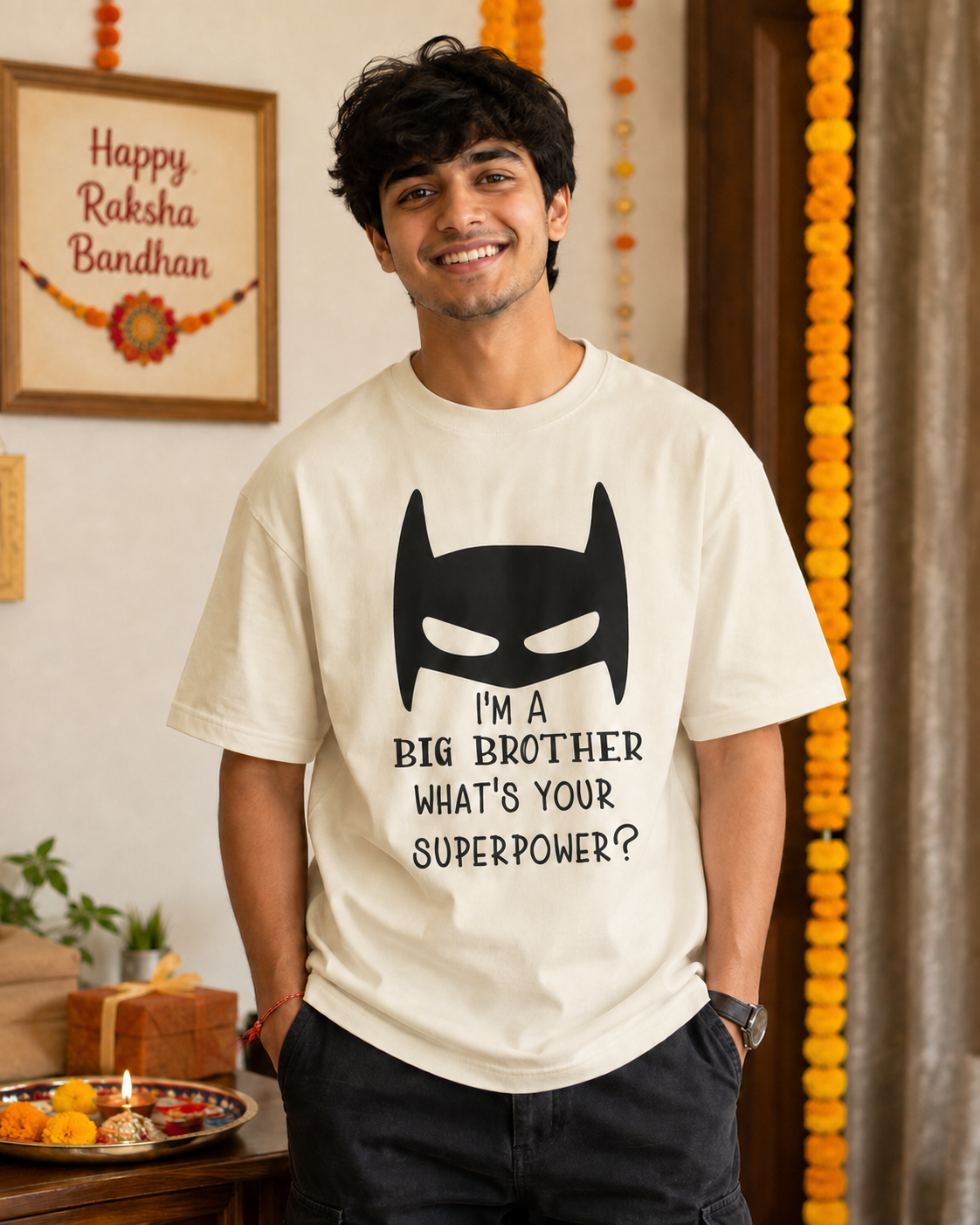 Brother Superpower Personalised T-Shirt - Oversized - Off White & White - product gallery
