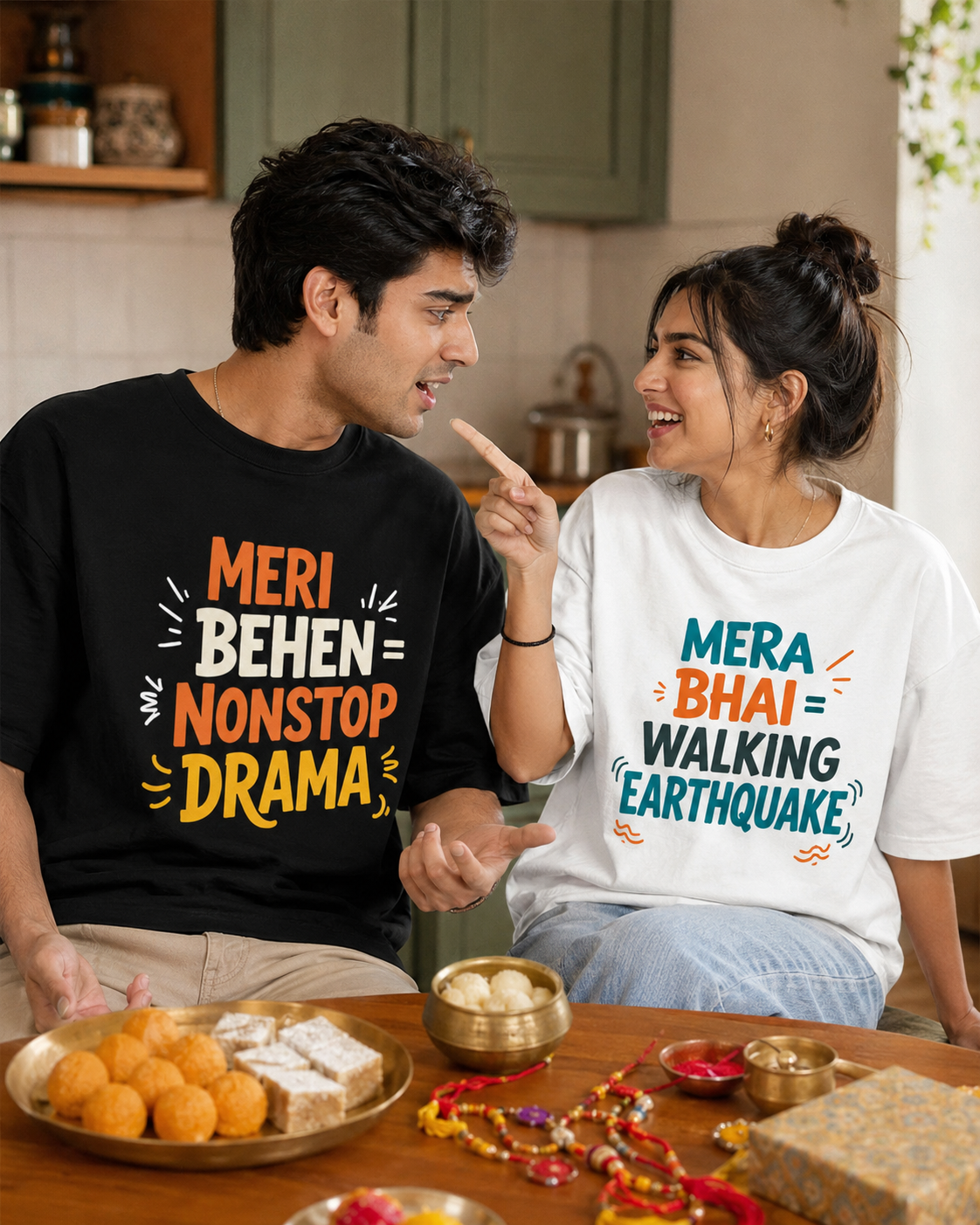 Mera Bhai Walking Earthquake / Meri Behen Nonstop Drama Personalised Unisex T-Shirt - Oversized - sibling pair