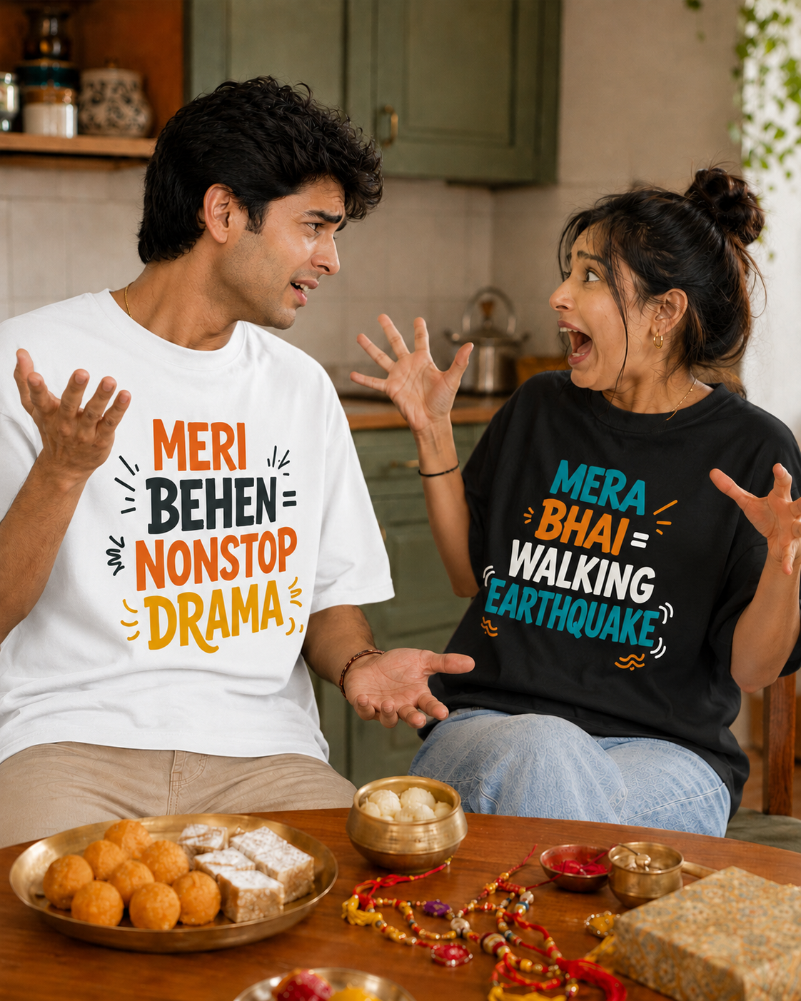 Mera Bhai Walking Earthquake / Meri Behen Nonstop Drama Personalised Unisex T-Shirt - Oversized - sibling pair