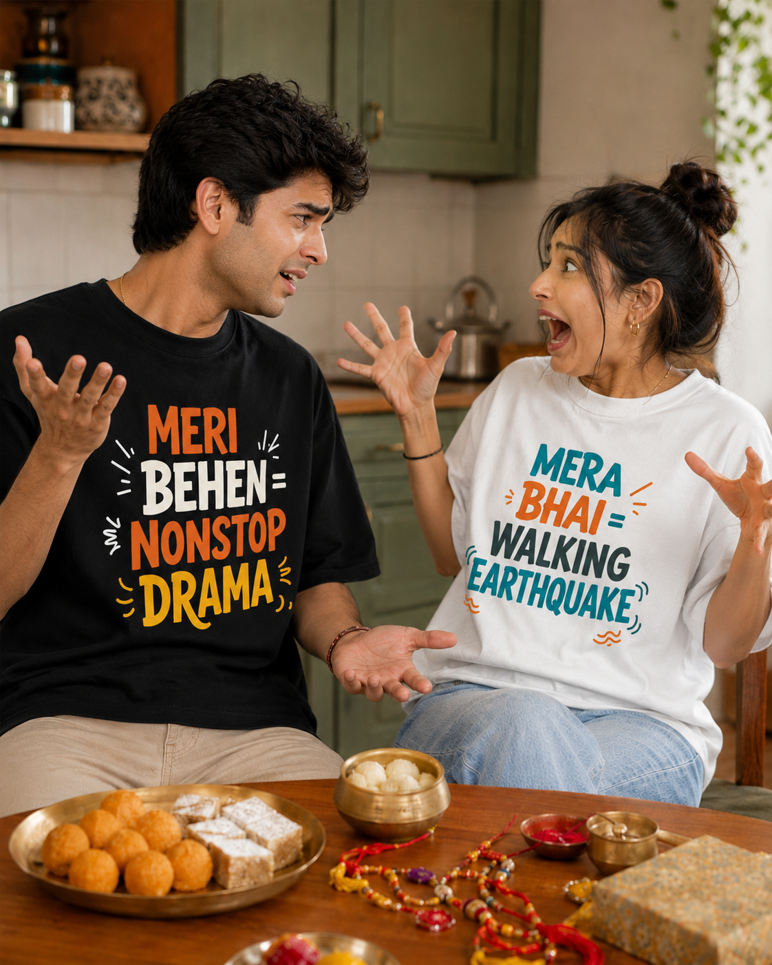 Mera Bhai Walking Earthquake / Meri Behen Nonstop Drama Personalised Unisex T-Shirt - Oversized - sibling pair