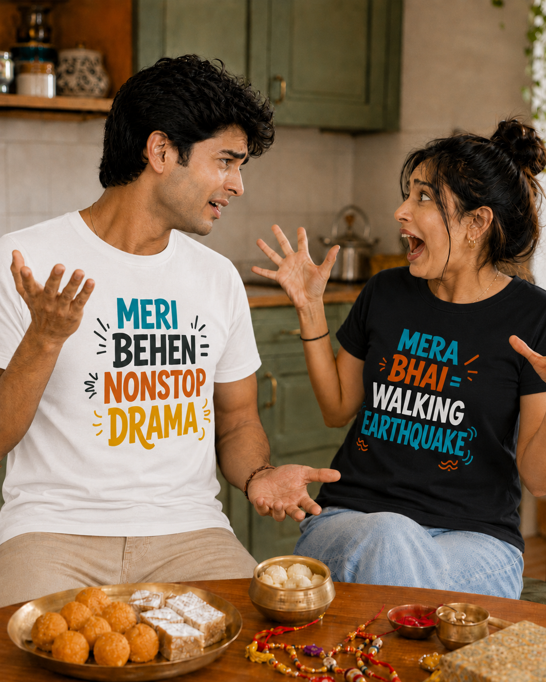 Mera Bhai Walking Earthquake / Meri Behen Nonstop Drama Personalised Unisex T-Shirt - Regular Fit - White & Black - sibling pair