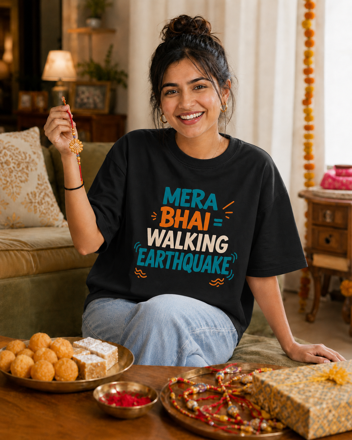 Mera Bhai Walking Earthquake / Meri Behen Nonstop Drama Personalised Unisex T-Shirt - Oversized - product gallery