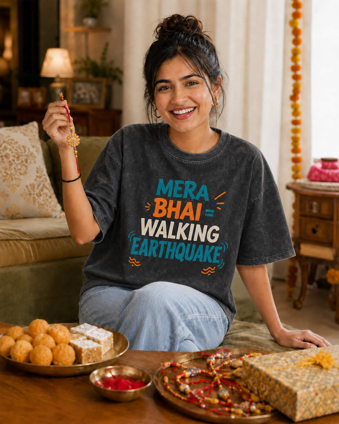 Mera Bhai Walking Earthquake / Meri Behen Nonstop Drama Personalised Unisex T-Shirt - Oversized - product gallery