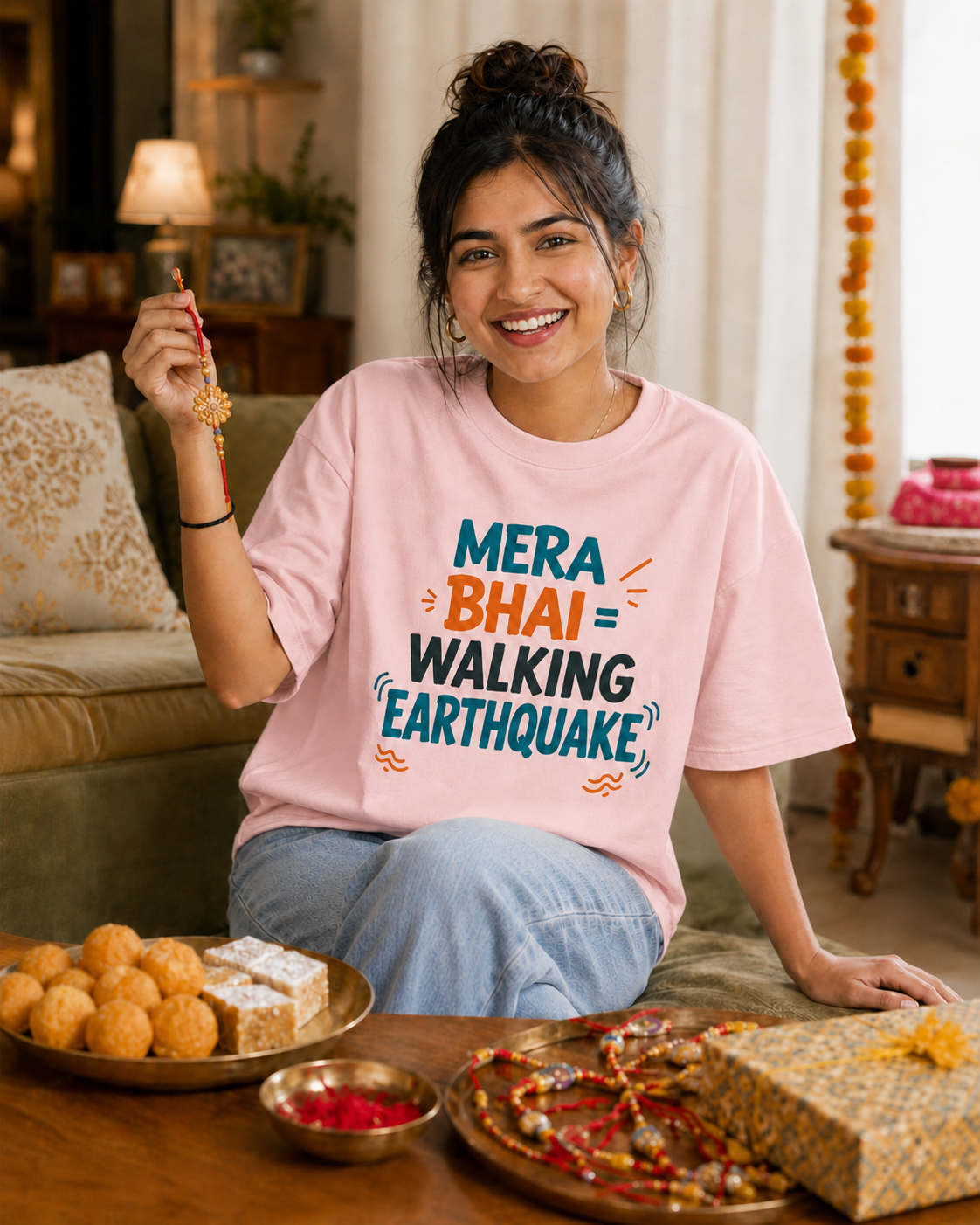 Mera Bhai Walking Earthquake / Meri Behen Nonstop Drama Personalised Unisex T-Shirt - Oversized - product gallery