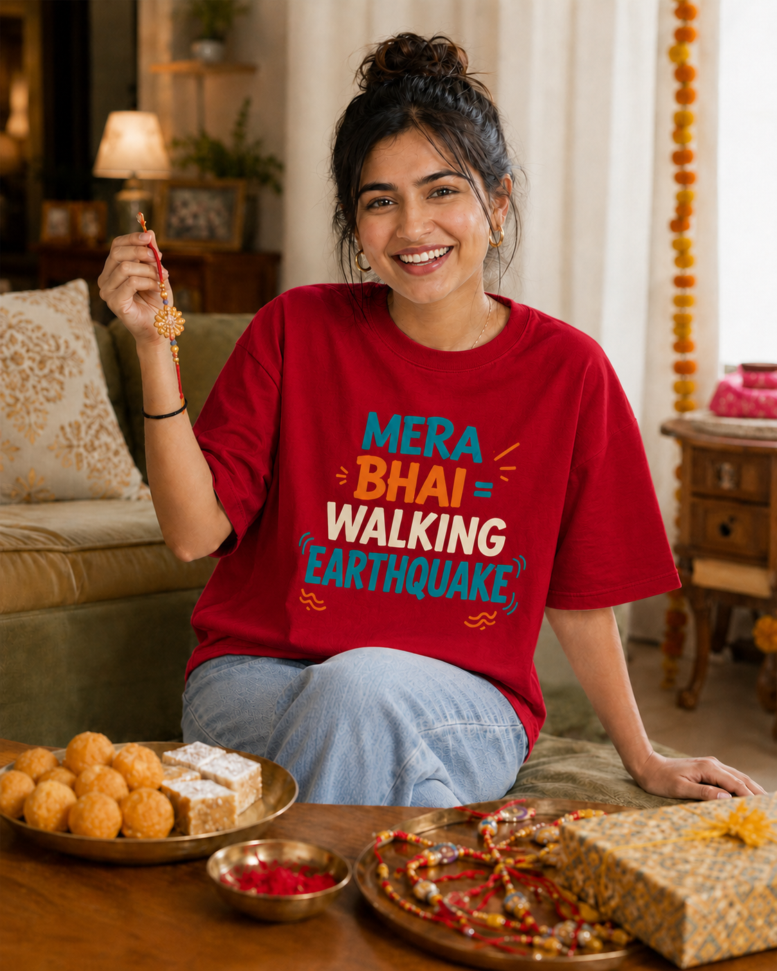 Mera Bhai Walking Earthquake / Meri Behen Nonstop Drama Personalised Unisex T-Shirt - Oversized - product gallery