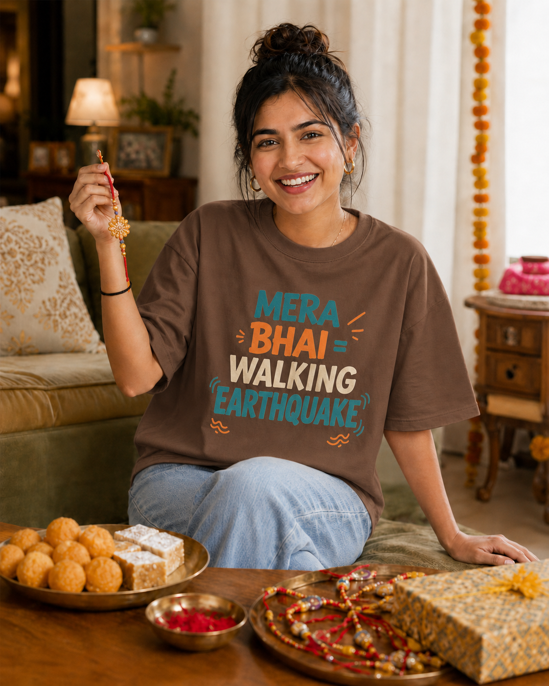 Mera Bhai Walking Earthquake / Meri Behen Nonstop Drama Personalised Unisex T-Shirt - Oversized - product gallery